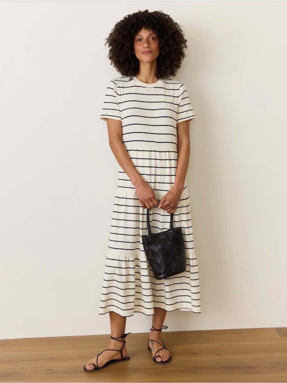 Marine Layer Vintage Slub Striped Tiered Midi Dress - Cream & Black